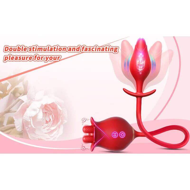 Red vibrating plug with tapered tip and flared base connected to a rose tongue head by a flexible loop