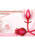 Red vibrating plug with tapered tip and flared base connected to a rose tongue head by a flexible loop