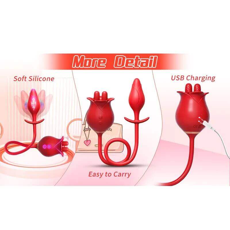 Rose toy for men showing silicone contact surfaces, flexible connected design and magnetic USB charging contacts on the rose head