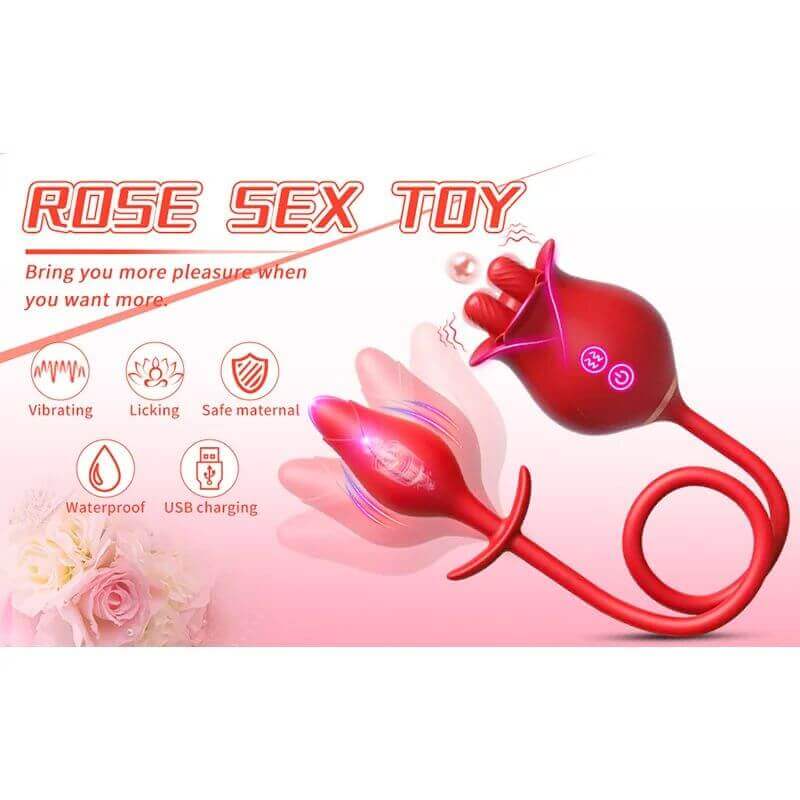 Red rose tongue head and connected plug with icons showing vibration, tongue contact and USB charging