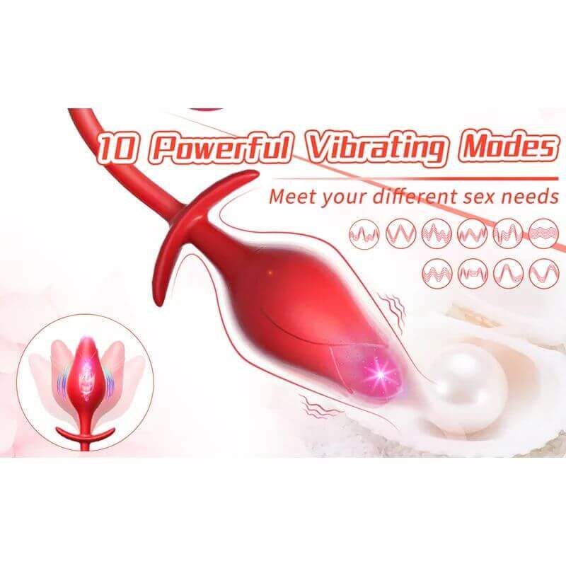 Red tapered vibrating plug with flared base beside a chart of ten vibration patterns