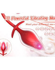 Red tapered vibrating plug with flared base beside a chart of ten vibration patterns
