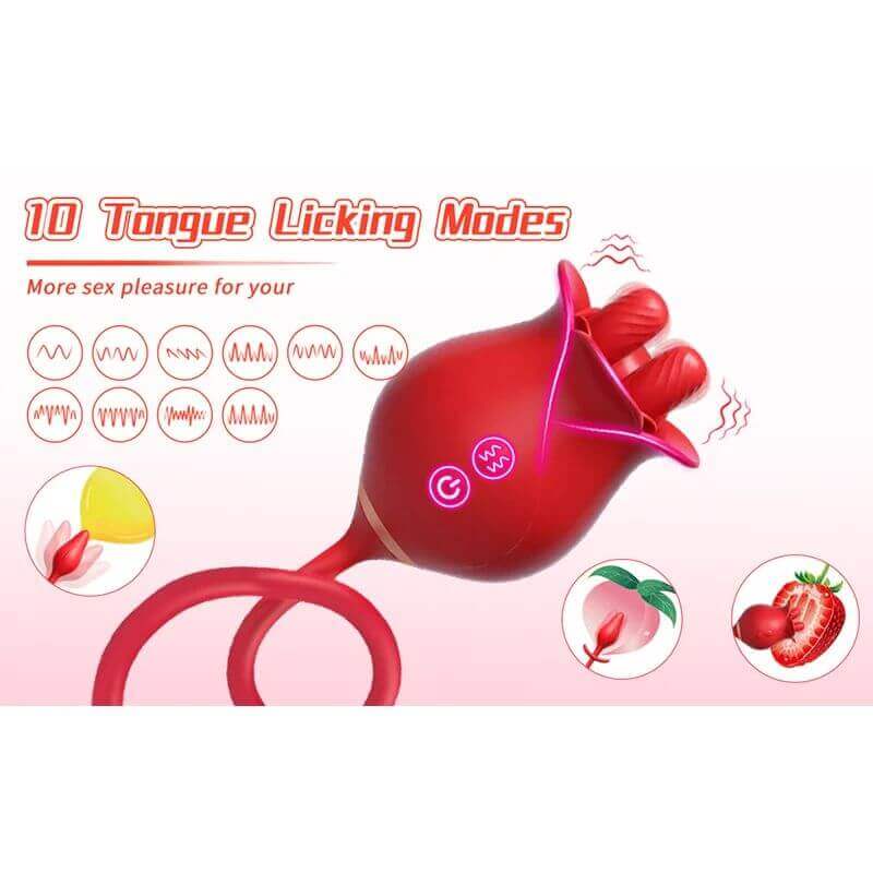 Rose toy for men with twin tongue contacts and illustrated chart of ten tongue-licking patterns