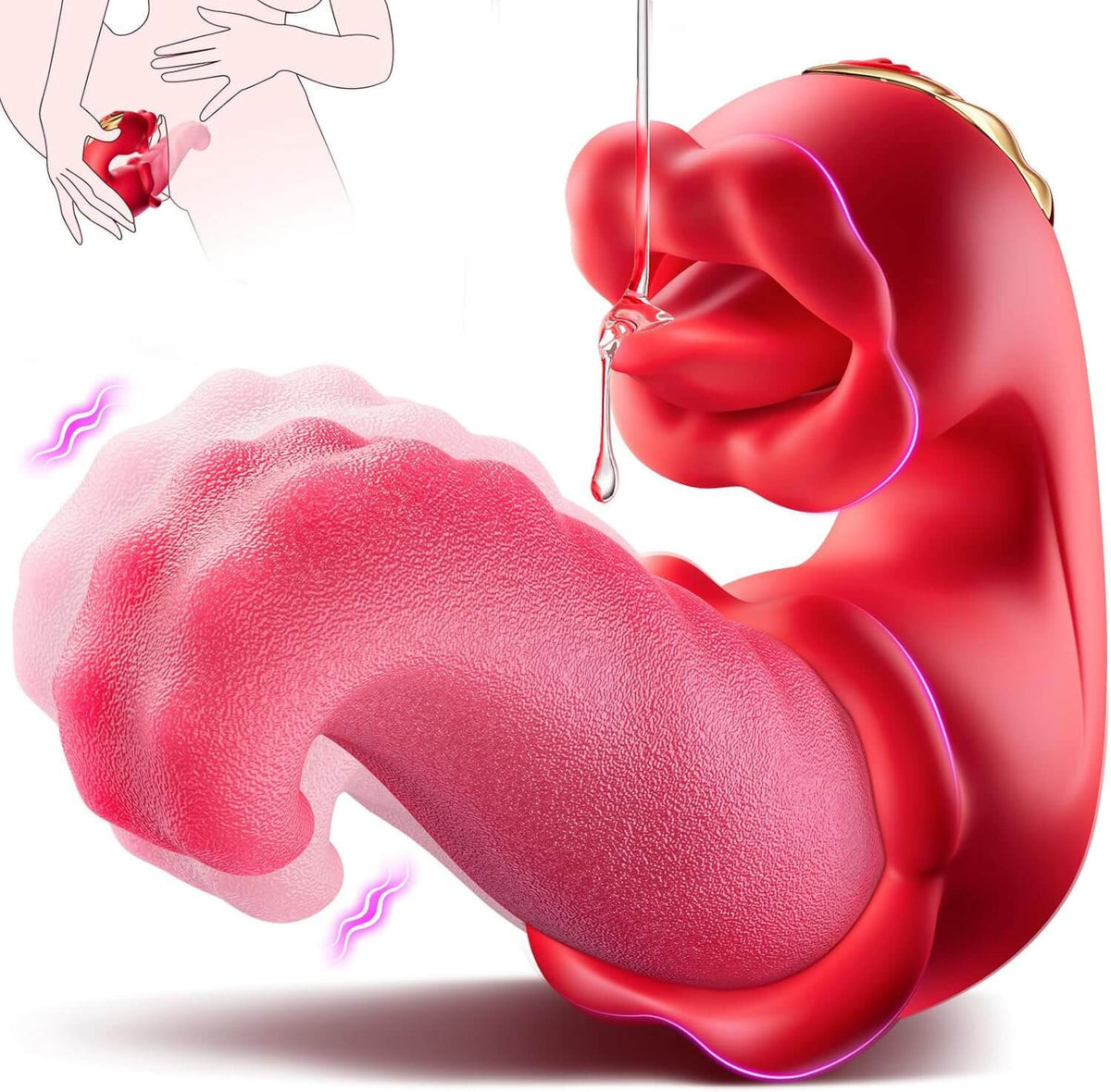 Red rose tongue vibrator with flower-shaped external head and curved textured insertable arm