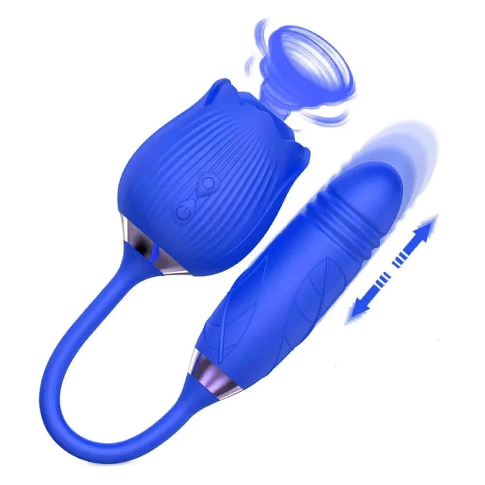 Blue ribbed 2-in-1 rose suction vibrator with flexible connector, textured lower arm and movement illustration