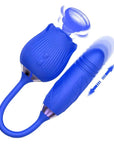 Blue ribbed 2-in-1 rose suction vibrator with flexible connector, textured lower arm and movement illustration