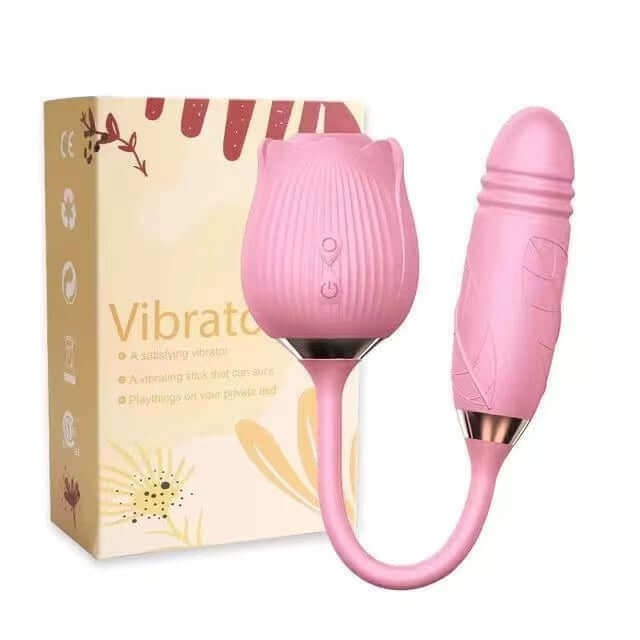 Pink ribbed rose suction vibrator with connected textured lower arm beside its retail box