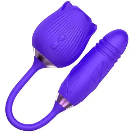 Purple ribbed rose suction vibrator with two controls, flexible connector and textured rounded lower arm