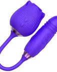 Purple ribbed rose suction vibrator with two controls, flexible connector and textured rounded lower arm