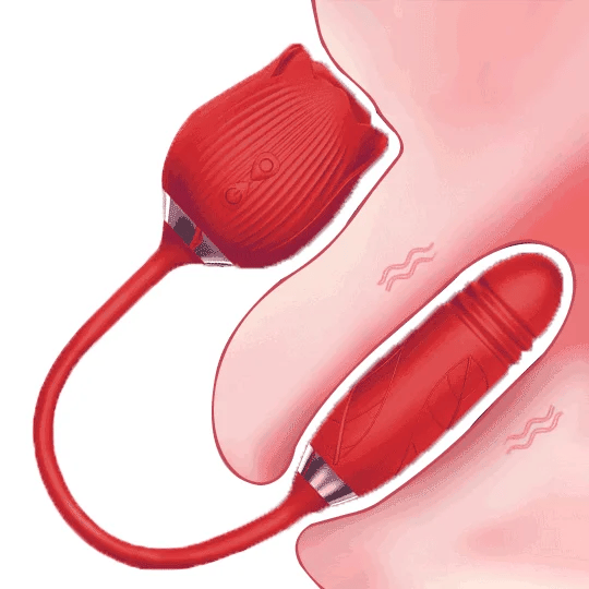 Red 2-in-1 rose suction vibrator with a flexible connector and ribbed lower vibrating arm, positioning illustration