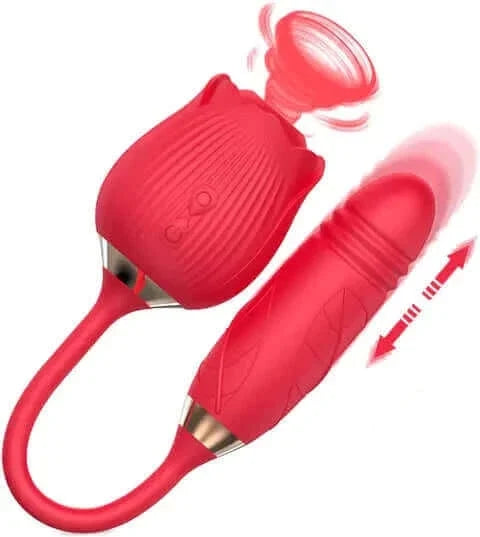 Red ribbed 2-in-1 rose suction vibrator with flexible connector, textured arm and movement illustration
