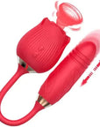 Red ribbed 2-in-1 rose suction vibrator with flexible connector, textured arm and movement illustration