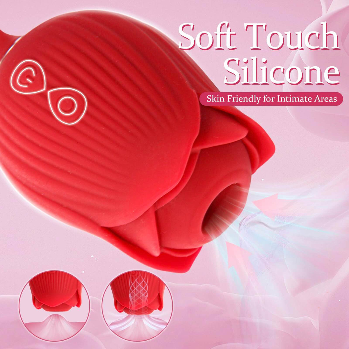 Close-up of red ribbed silicone rose head with two teardrop-shaped controls and open suction chamber