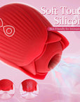 Close-up of red ribbed silicone rose head with two teardrop-shaped controls and open suction chamber
