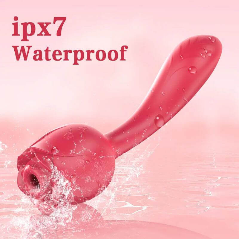 Red rose wand with water droplets in the listed IPX7 water-resistance illustration