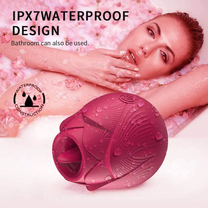 Rose with Tongue ribbed body with water droplets in an illustration labeled IPX7 water-resistant design