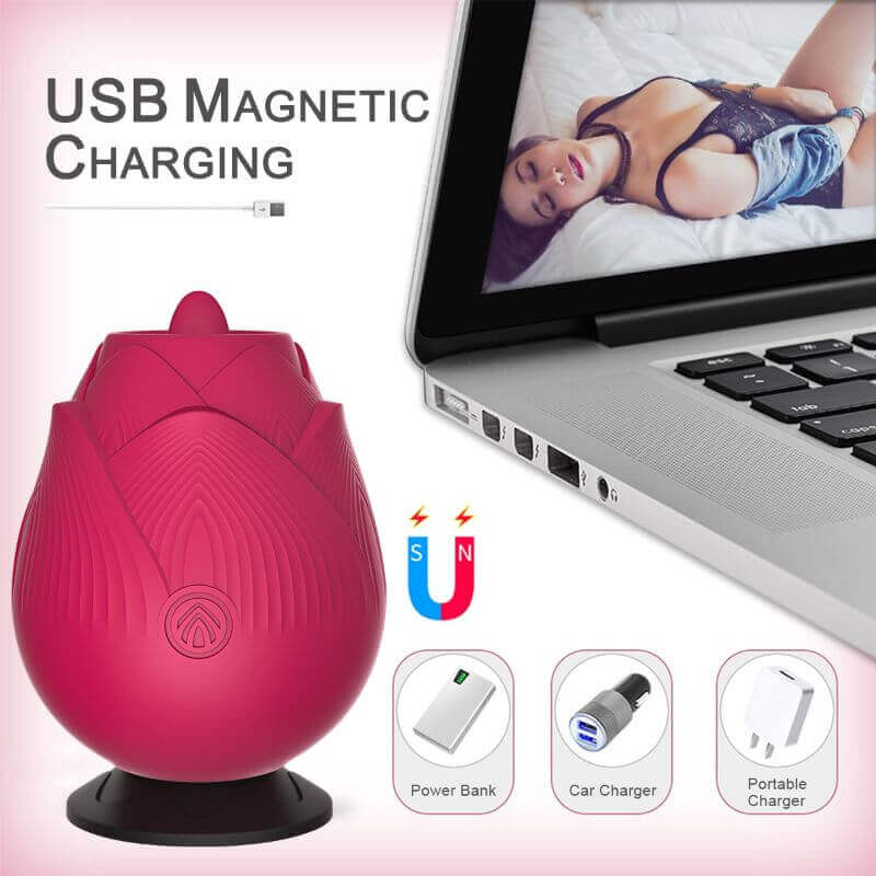 Rose with Tongue vibrator on a black base in a diagram labeled USB magnetic charging