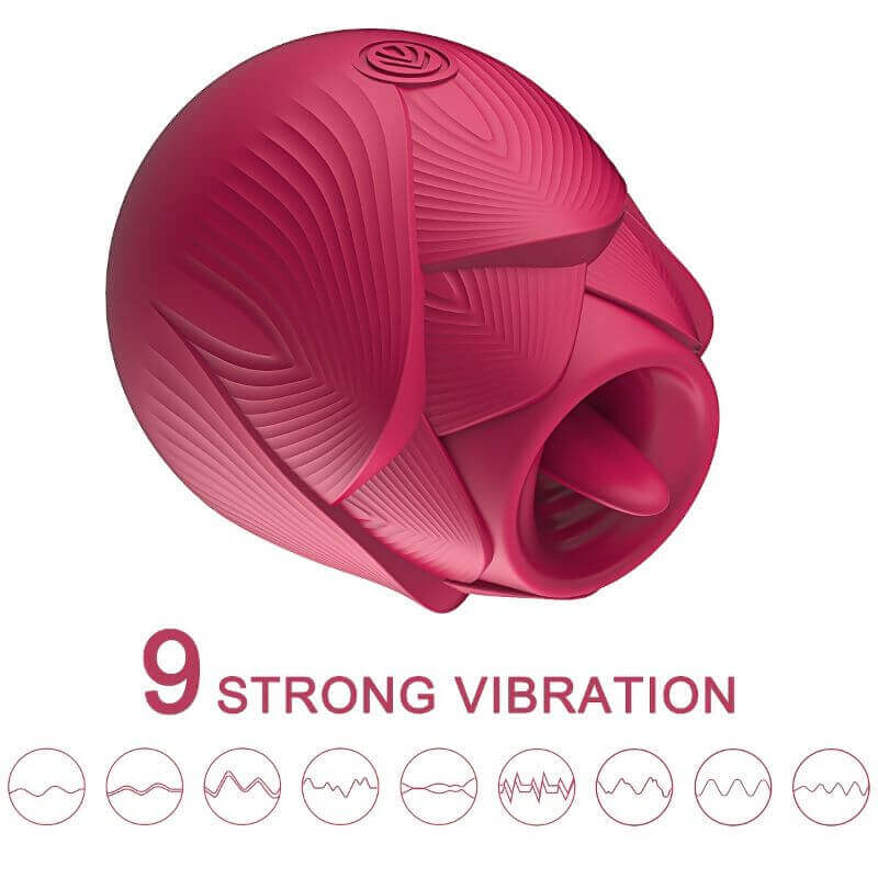Rose with Tongue vibrator angled head view with nine illustrated vibration patterns