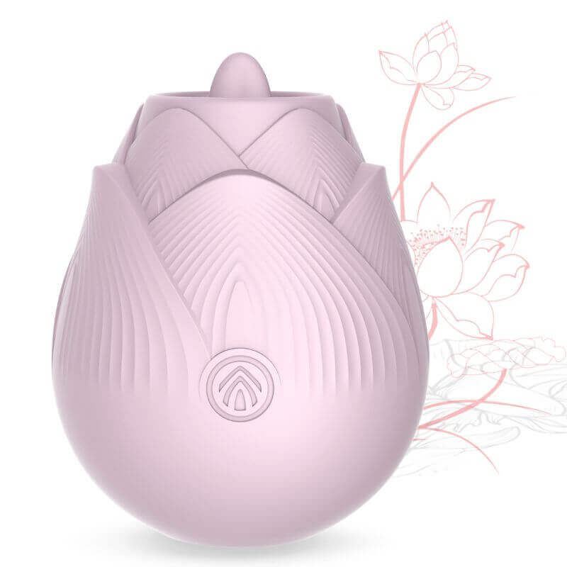 Pink Rose with Tongue vibrator with raised tongue tip, ribbed petal-shaped body and one front button