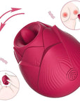 Angled view of red Rose with Tongue vibrator showing the raised contact tip, ribbed petals and movement arrows