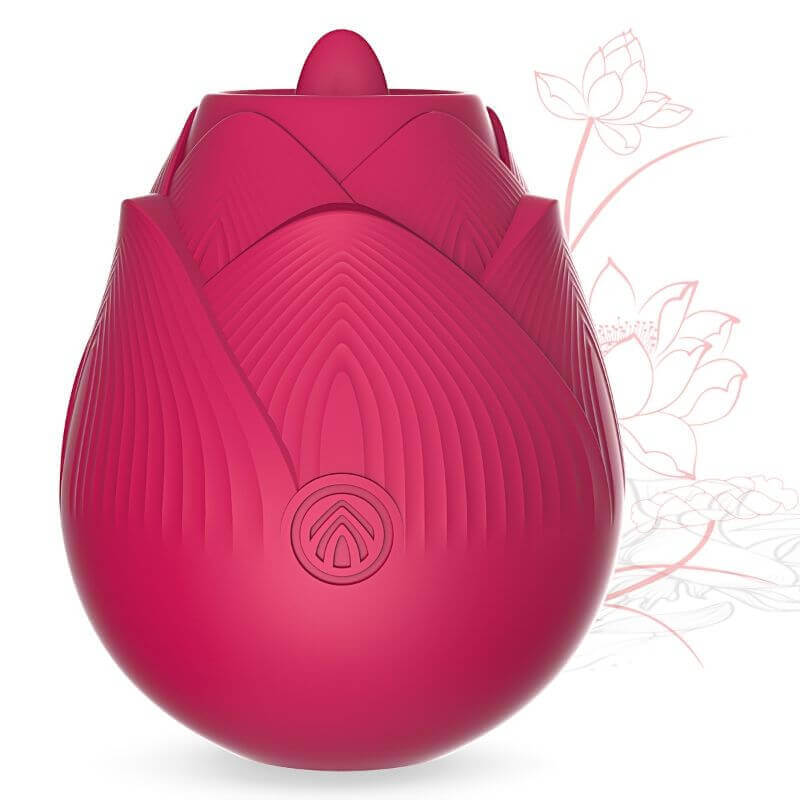 Red Rose with Tongue vibrator with raised tongue tip, ribbed petal-shaped body and one front button