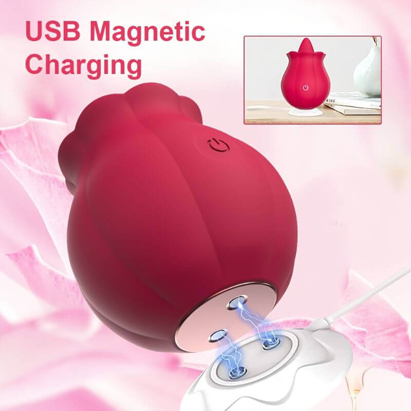 Rose Women Toy underside with two metal charging contacts aligned to a white magnetic USB base