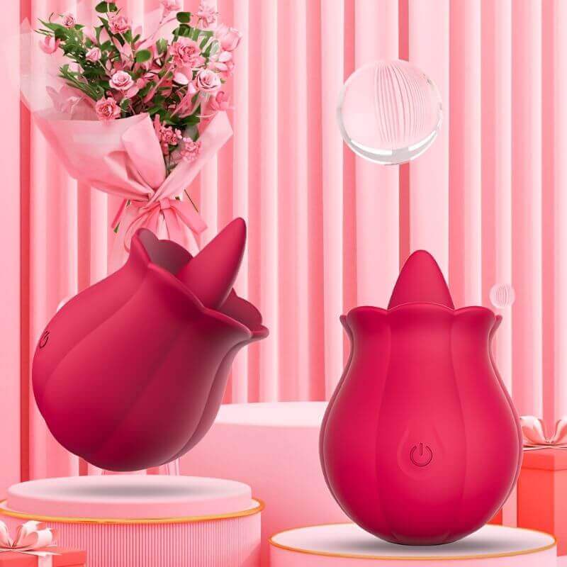Front and side views of the red Rose Women Toy showing its raised tongue tip and single power button