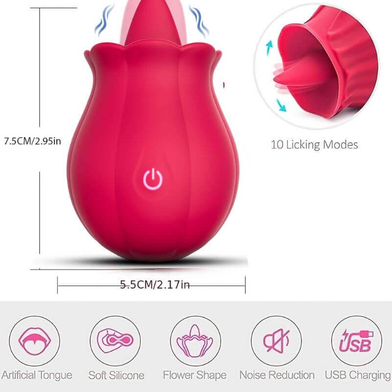 Rose Women Toy dimension guide showing 75 mm overall height, 55 mm width and ten tongue modes