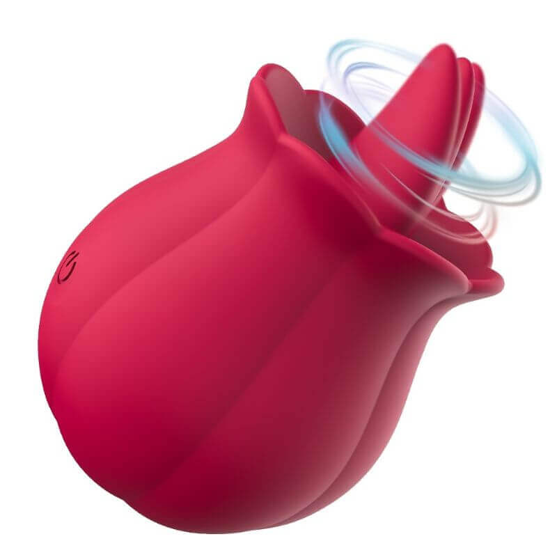 Side view of red Rose Women Toy showing its raised tongue-shaped contact tip and rounded body