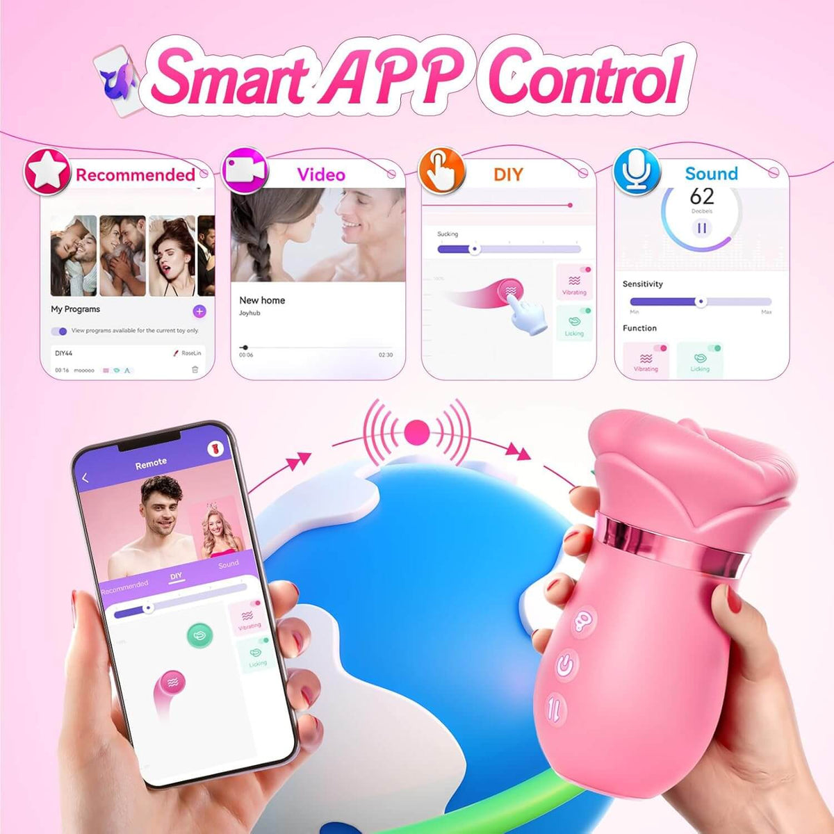 5IN1 Mouth Rose Sucking Vibrator Rose Sex Toy, 10 Tongue Licking, New APP