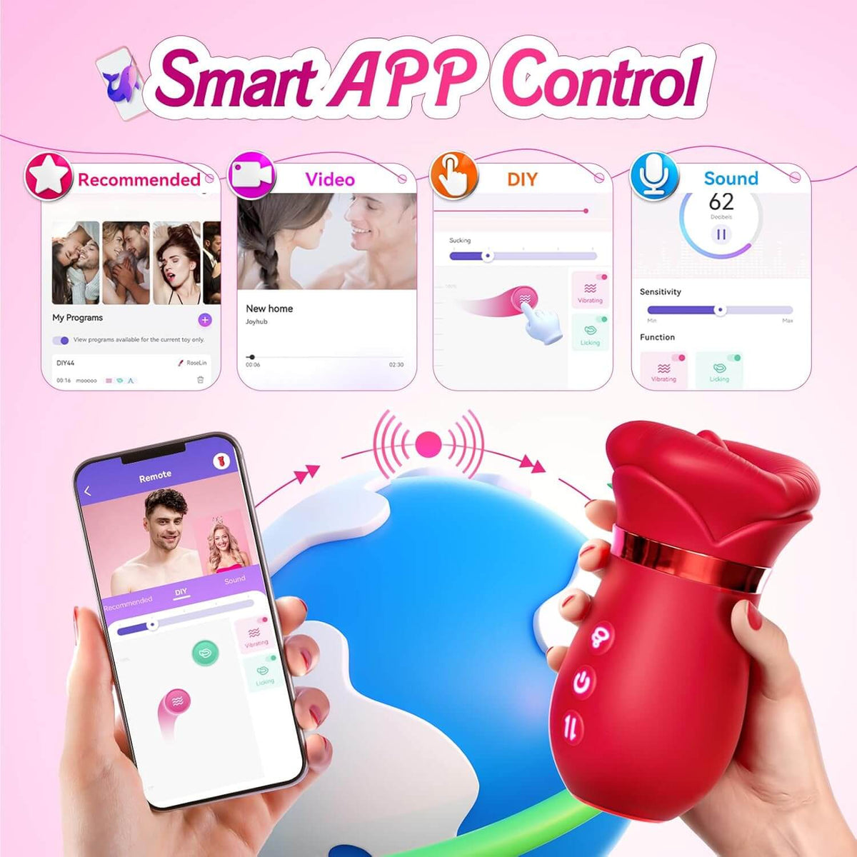 5IN1 Mouth Rose Sucking Vibrator Rose Sex Toy, 10 Tongue Licking, New APP