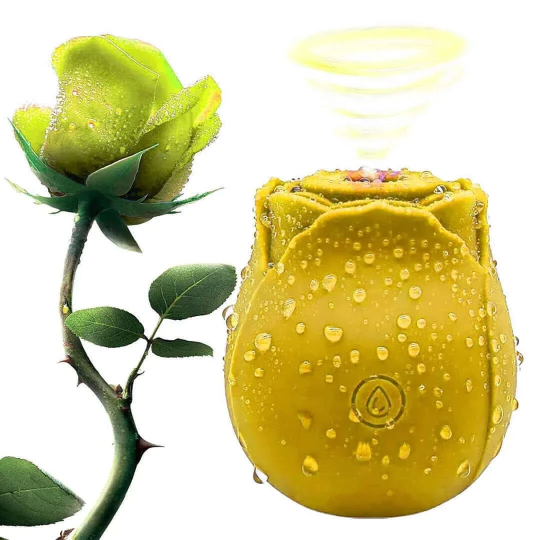 Yellow The Rose suction toy with water droplets beside a decorative yellow rose; flower and swirl are illustration props