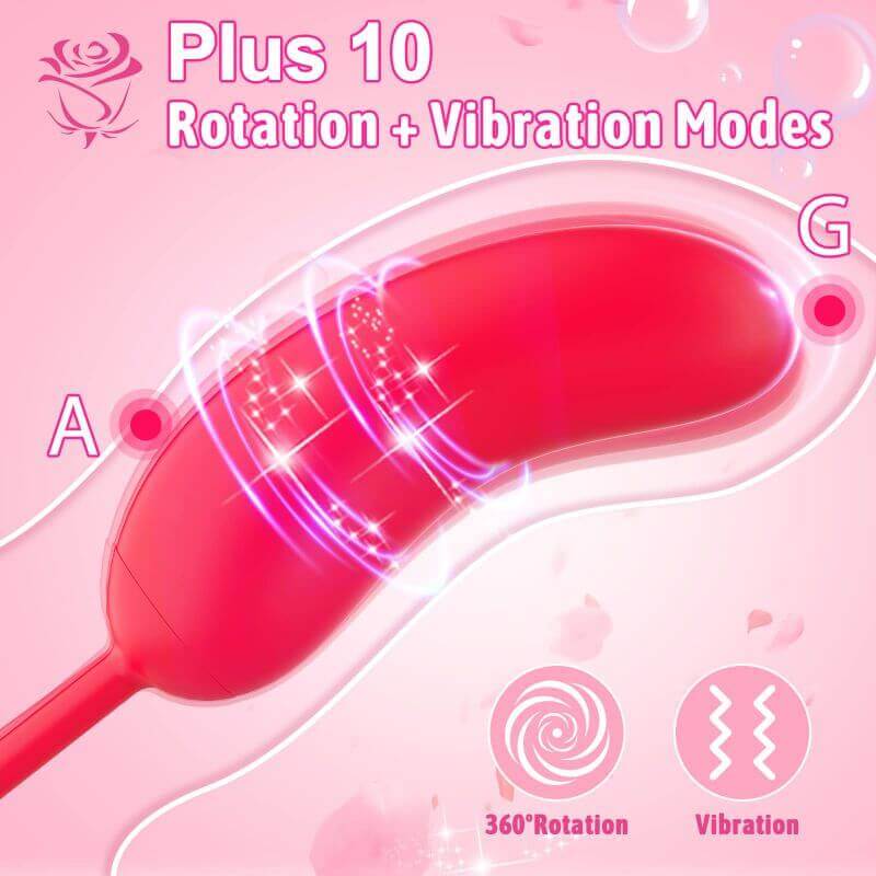 Red connected curved attachment illustration labeled ten rotation and vibration modes with a 360-degree rotation symbol