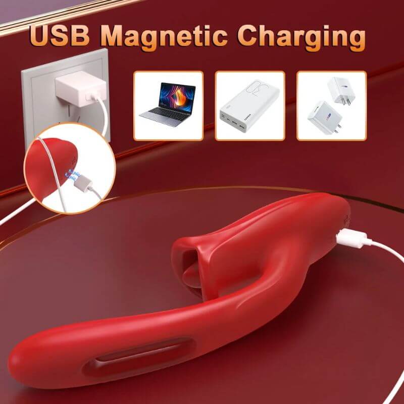 Magnetic USB charging connection on the red three-in-one rose mouth vibrator