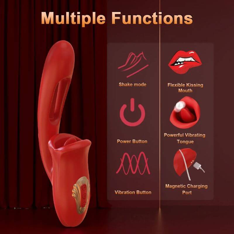 Red rose mouth vibrator diagram identifying shake, power and vibration buttons and magnetic charging point