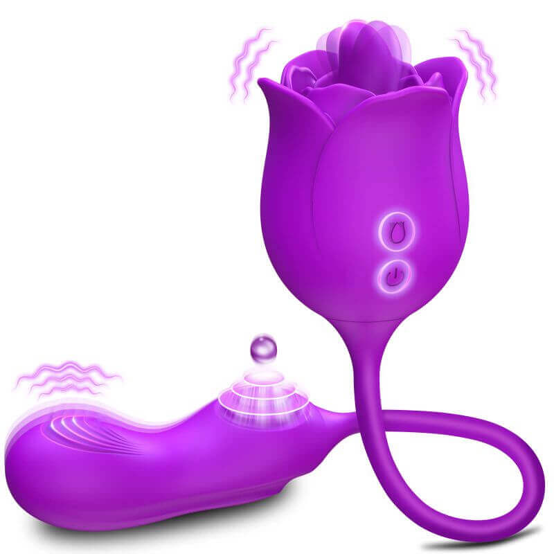 Purple two-button rose tongue vibrator connected by a flexible cord to a curved attachment; glow and floating ball illustrate motion