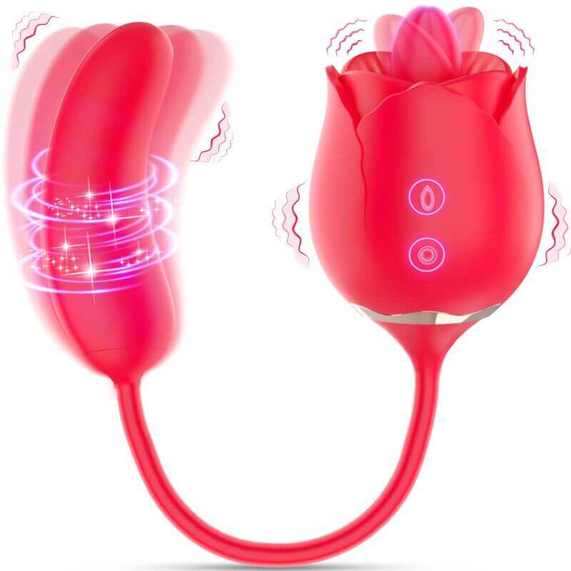 Red two-button rose tongue vibrator with metallic base trim and a connected curved attachment; translucent outlines illustrate movement