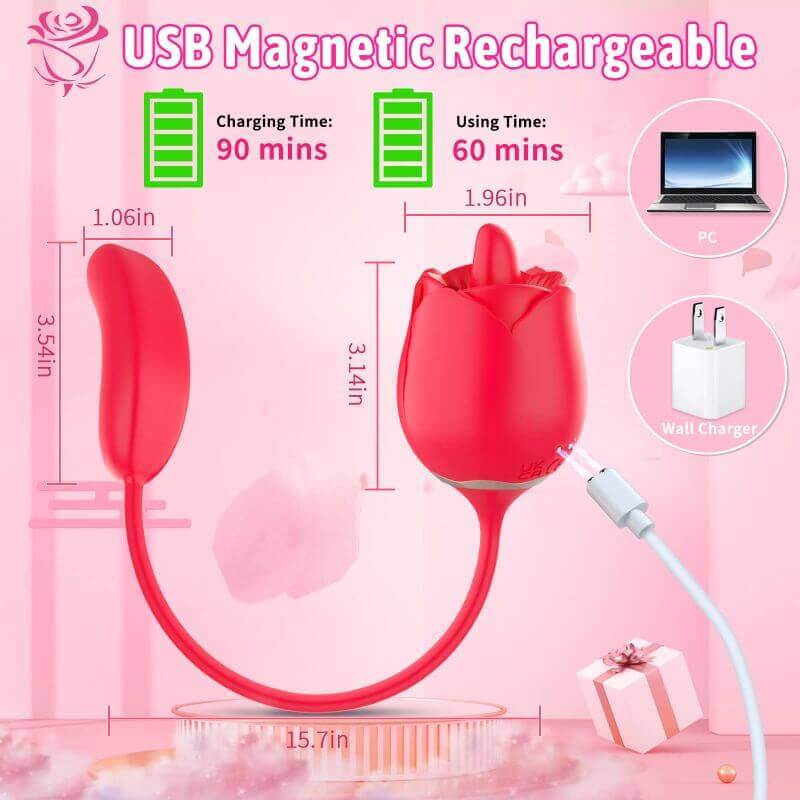 Red rose and connected attachment dimension guide showing magnetic charging, 90-minute charge time and 60-minute runtime