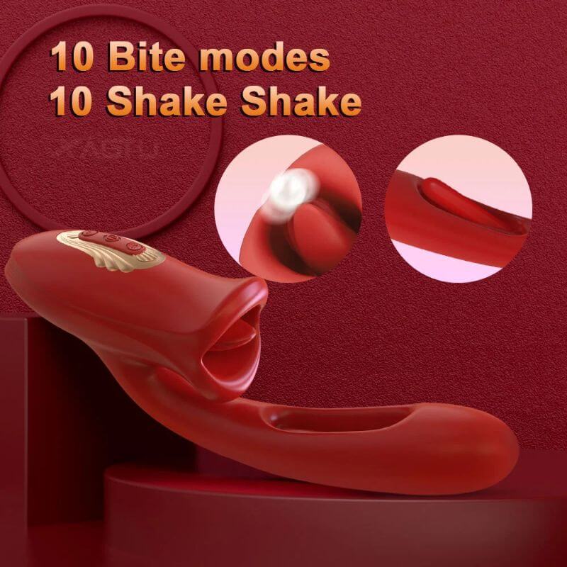Three-in-one red rose mouth vibrator showing 10 bite modes and 10 shake modes