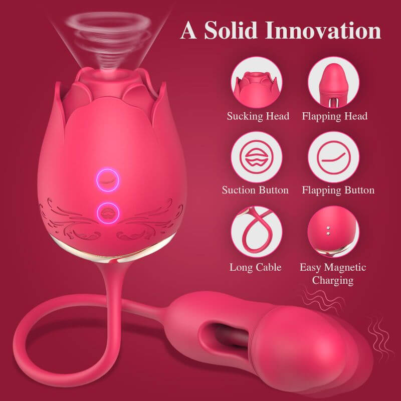 Rose toy diagram identifying suction and flapping buttons and the rear magnetic charging contacts
