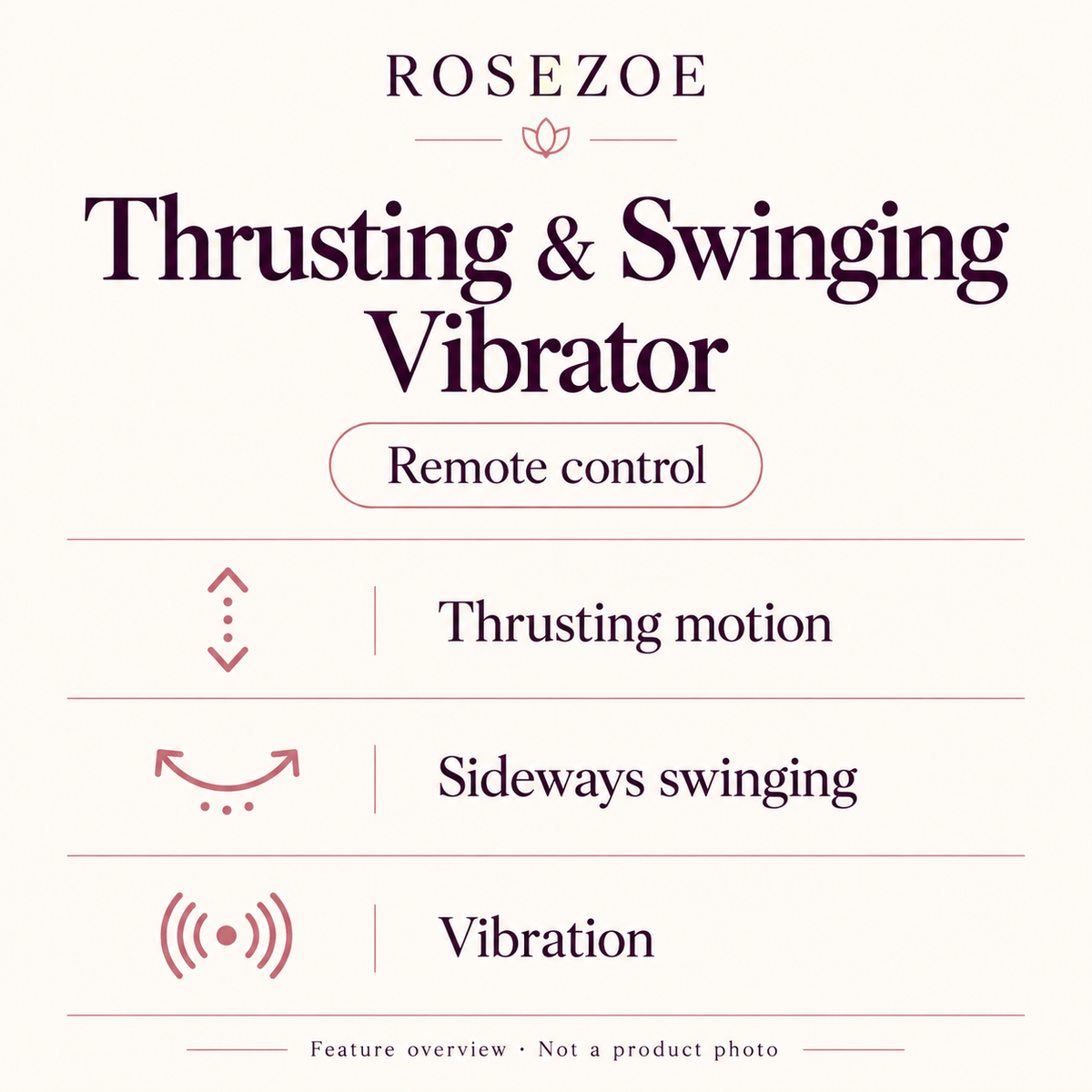 Feature guide: remote control, thrusting motion, sideways swinging and vibration; not a product photo