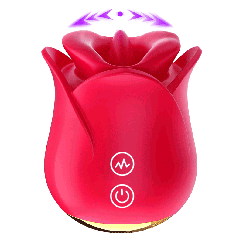 Red upgraded rose lip vibrator showing moving lip-style petals, central tongue and two control buttons