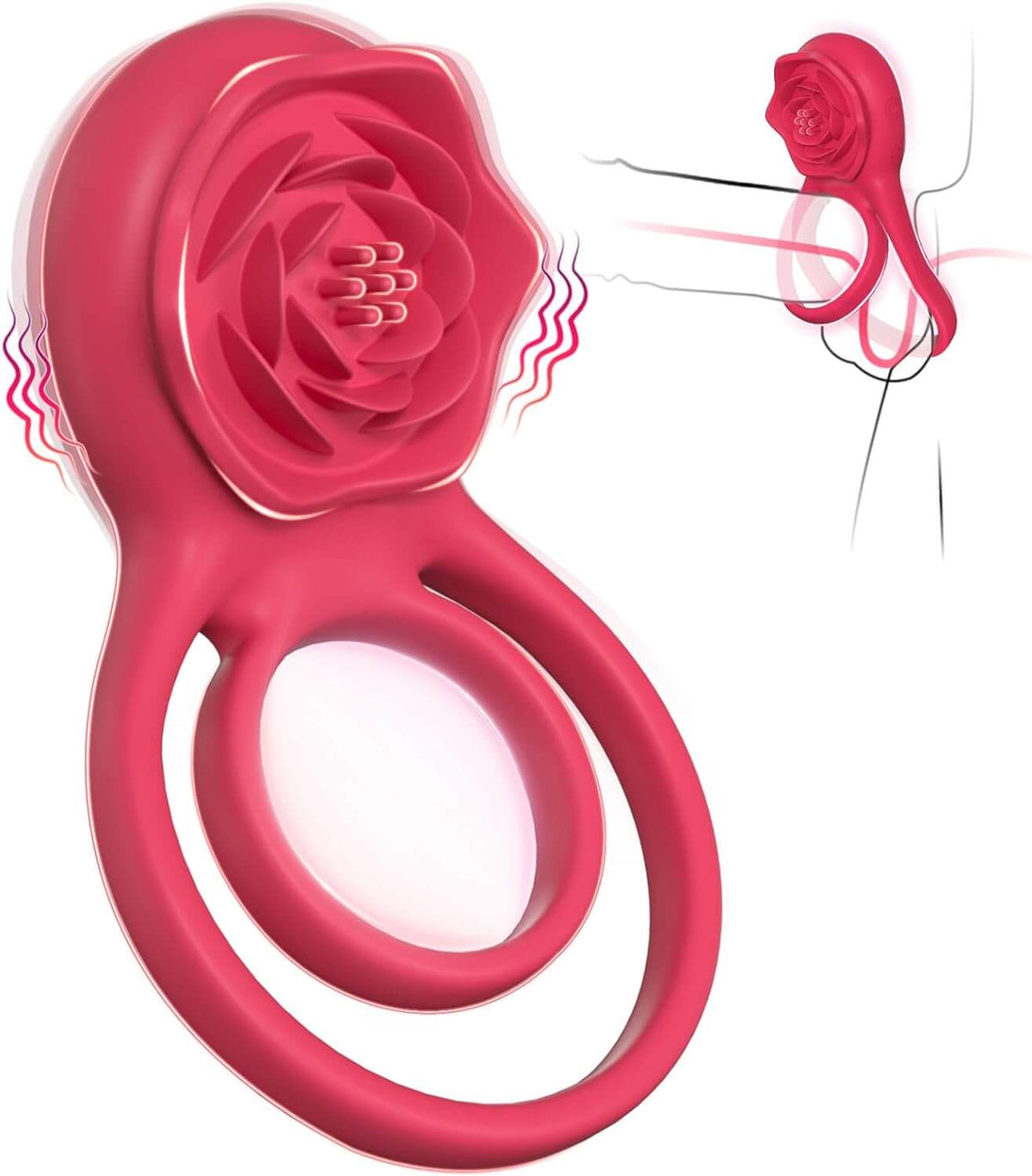 Red dual-loop vibrating cock ring with rose-shaped external clitoral stimulator