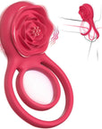 Red dual-loop vibrating cock ring with rose-shaped external clitoral stimulator