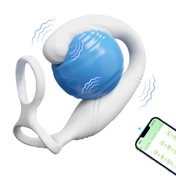 White dual-ring prostate massager illustration; blue sphere, motion lines and phone are illustrative and not included