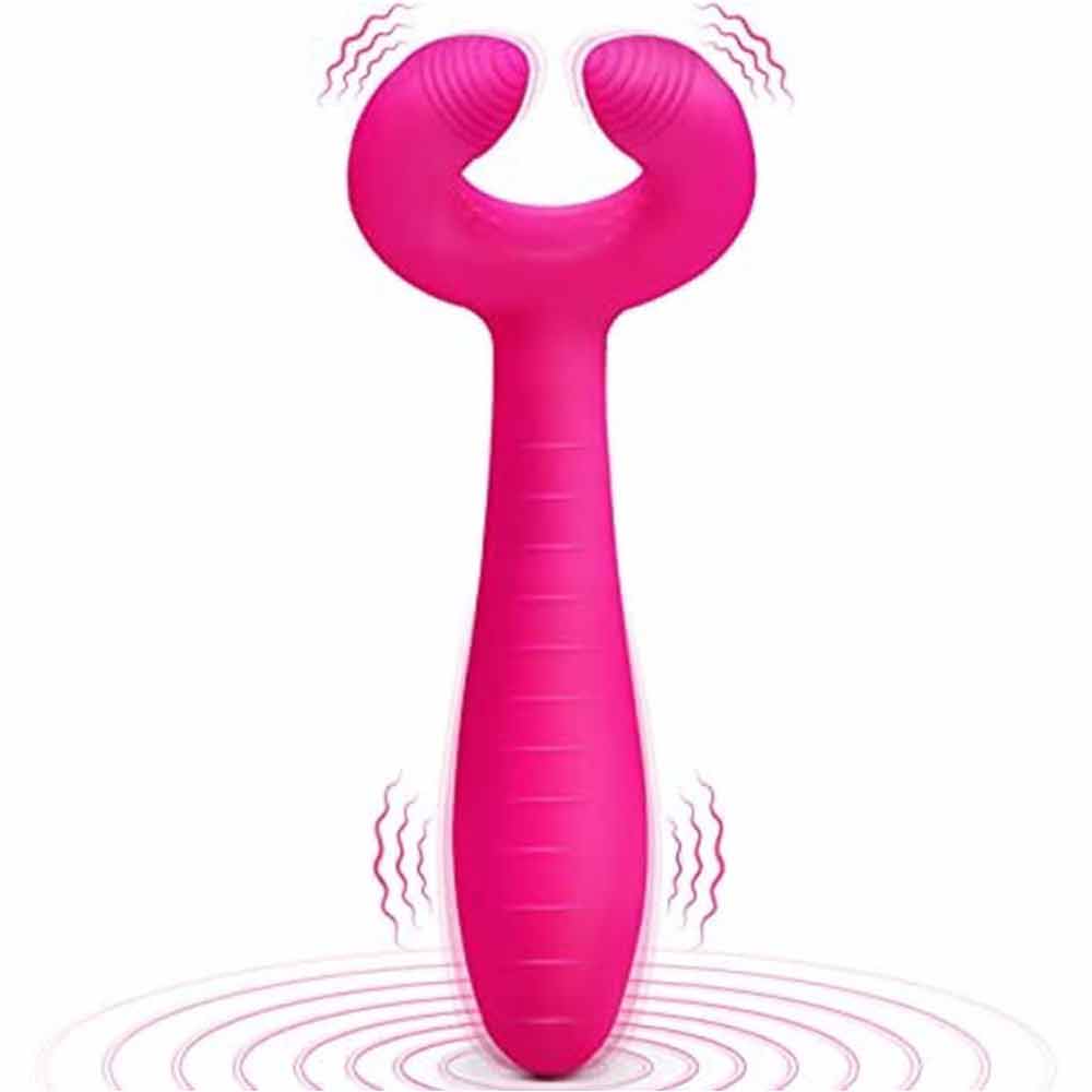 Pink Y-1 vibrator with two curved ridged tips, a long textured body and three illustrated vibration locations