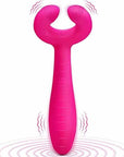Pink Y-1 vibrator with two curved ridged tips, a long textured body and three illustrated vibration locations