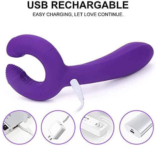 Purple Y-1 vibrator in a side view with two curved ridged tips, a long body and white USB charging cable