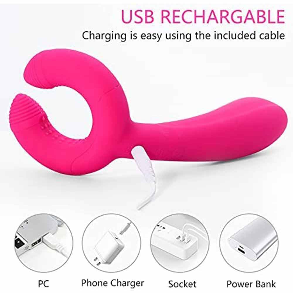 Pink Y-1 vibrator connected to a white charging cable with illustrations of USB power sources
