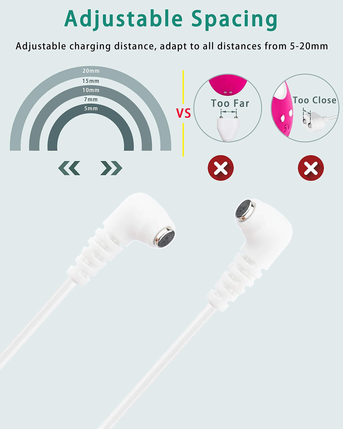 Separate charging heads adjust to 5–20 mm contact spacing, compared with fixed-spacing connectors